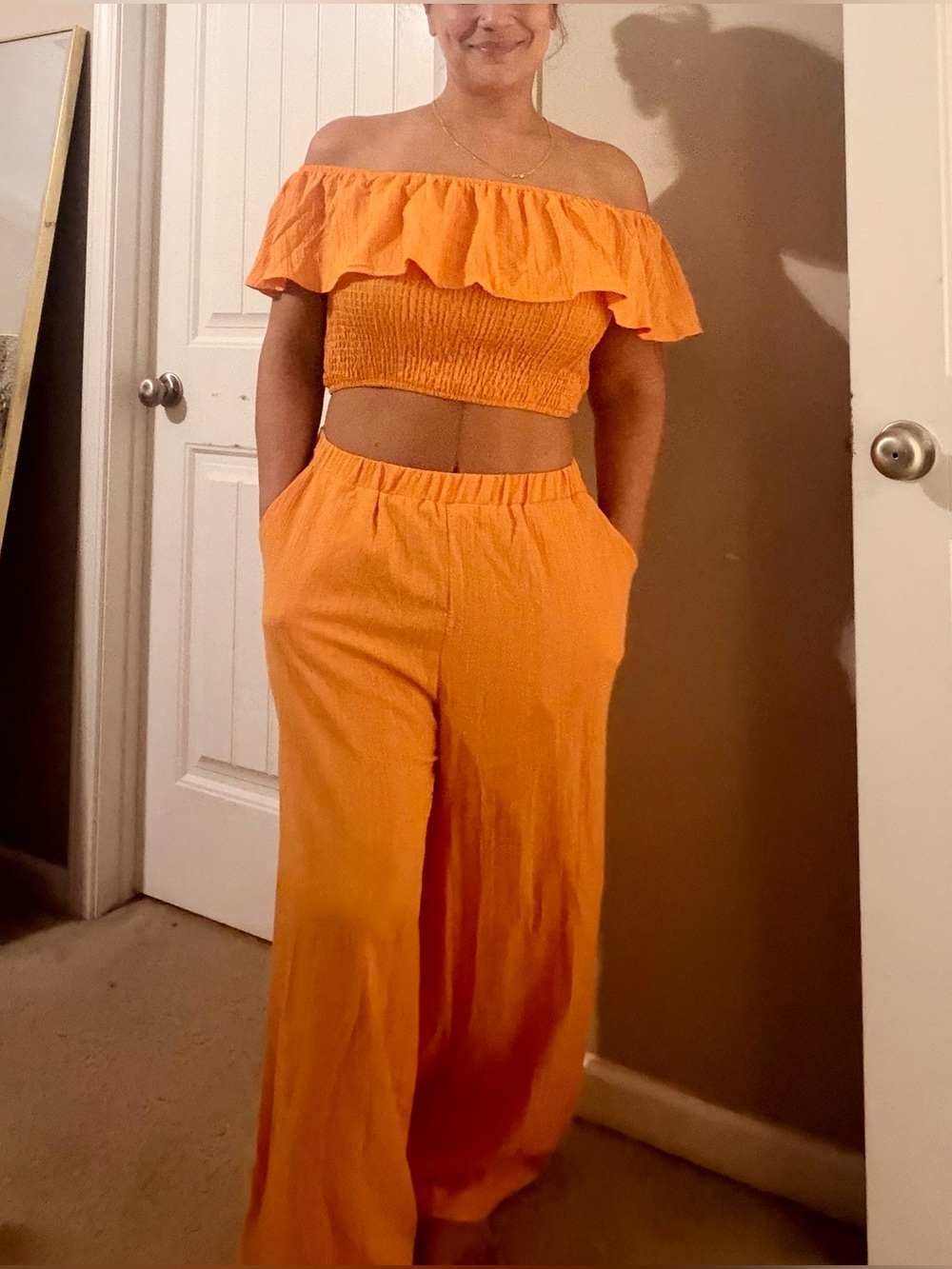 Off-Shoulder Ruffle Crop Top & Wide-Leg Pants Set - Orange